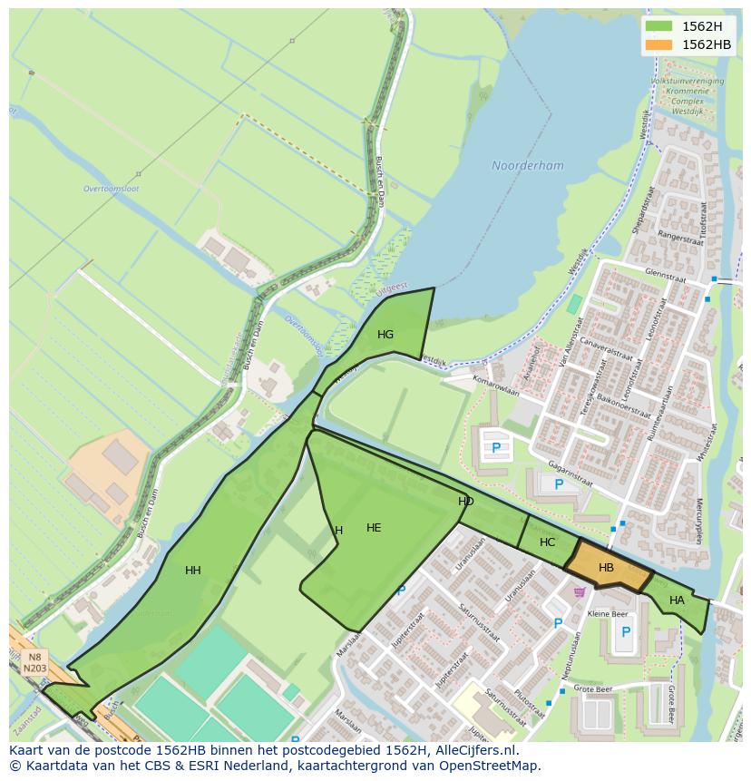 Afbeelding van het postcodegebied 1562 HB op de kaart.