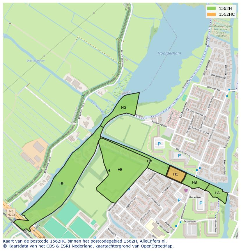Afbeelding van het postcodegebied 1562 HC op de kaart.