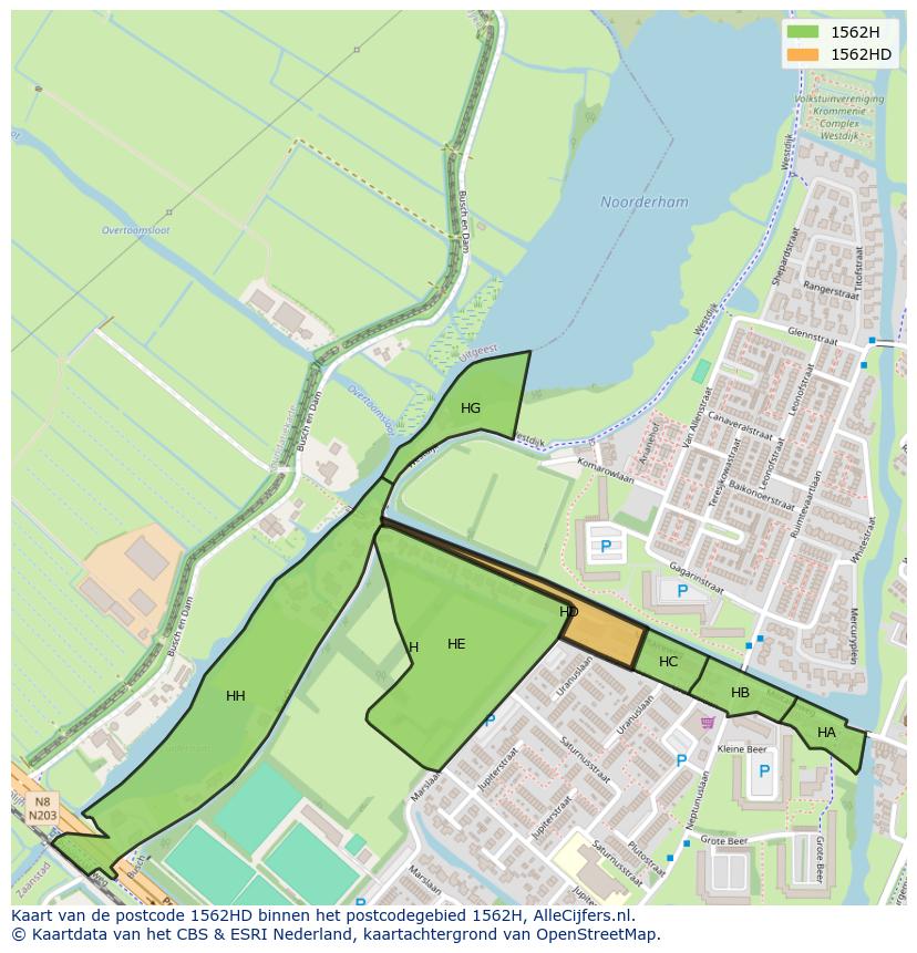 Afbeelding van het postcodegebied 1562 HD op de kaart.