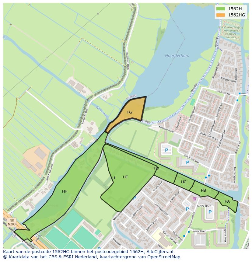 Afbeelding van het postcodegebied 1562 HG op de kaart.