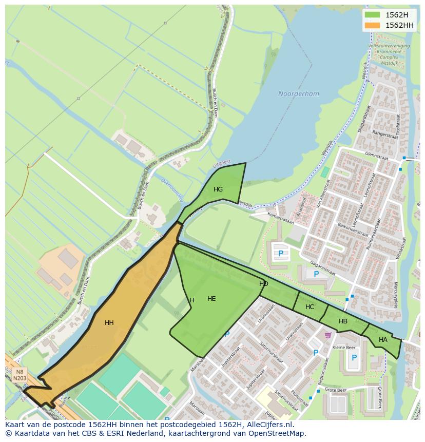 Afbeelding van het postcodegebied 1562 HH op de kaart.