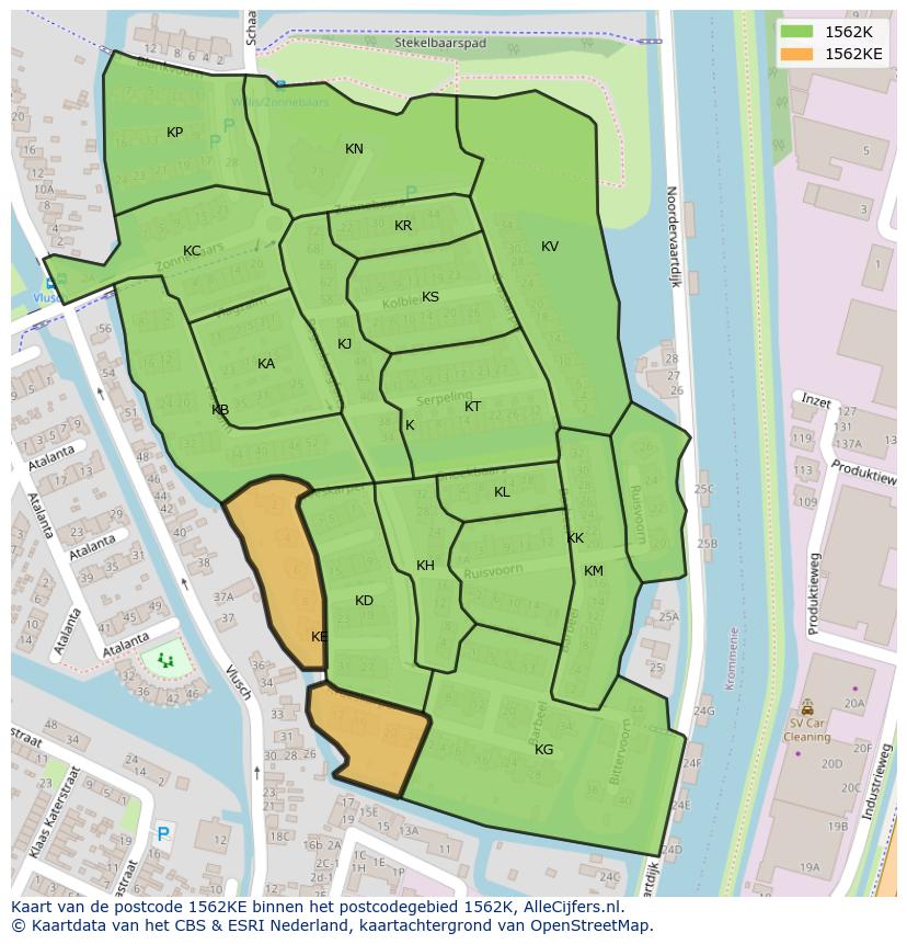 Afbeelding van het postcodegebied 1562 KE op de kaart.