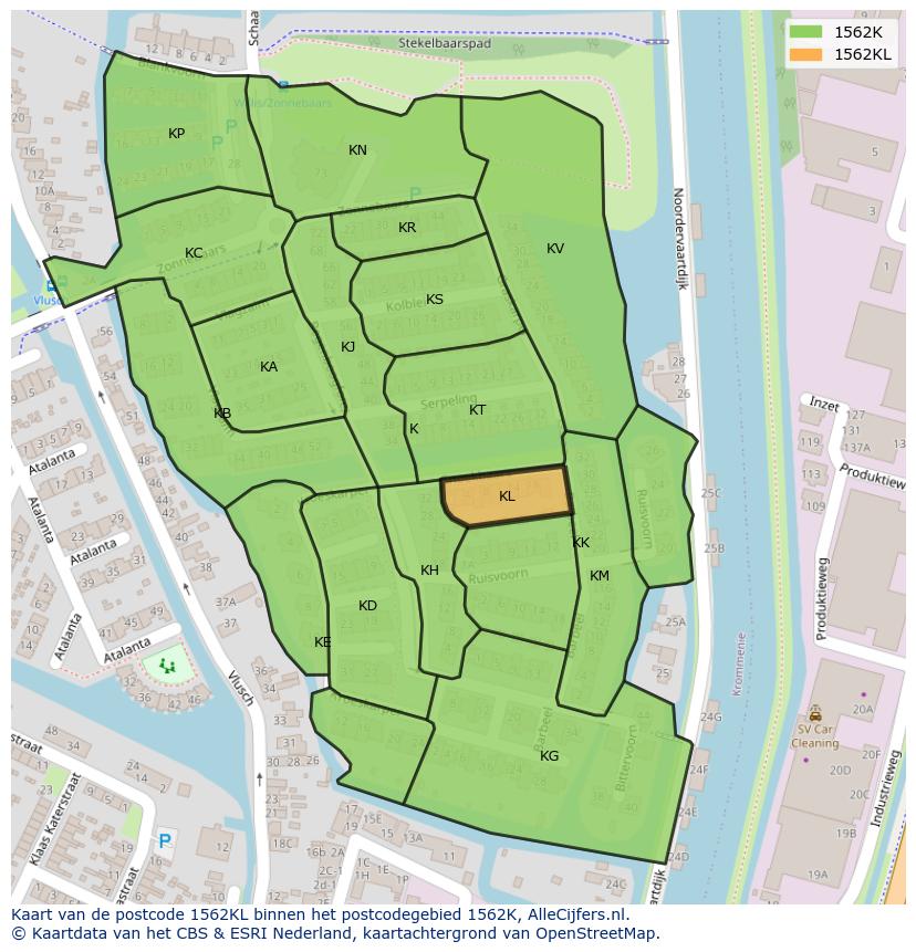 Afbeelding van het postcodegebied 1562 KL op de kaart.