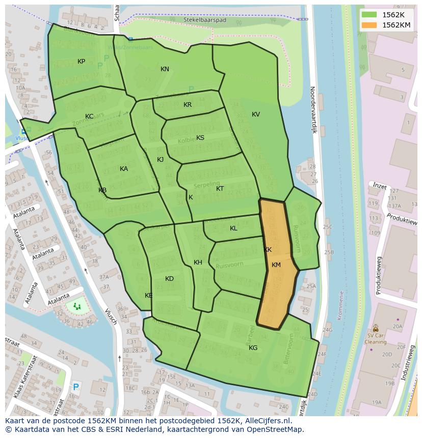 Afbeelding van het postcodegebied 1562 KM op de kaart.