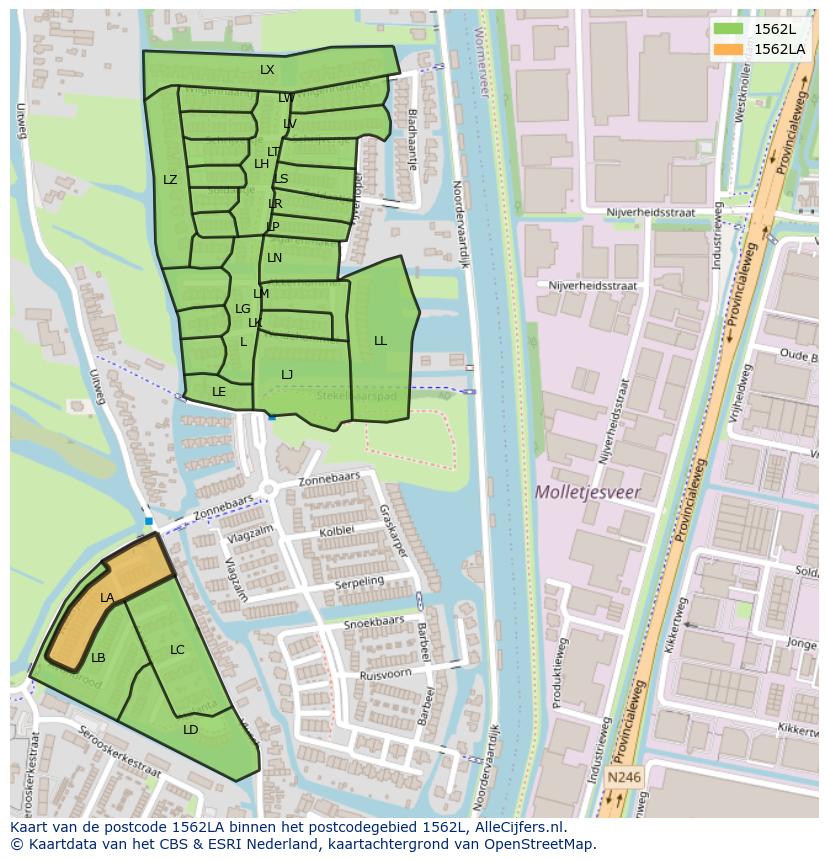 Afbeelding van het postcodegebied 1562 LA op de kaart.