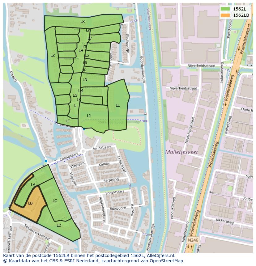 Afbeelding van het postcodegebied 1562 LB op de kaart.