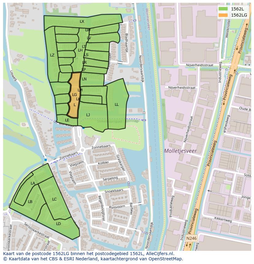 Afbeelding van het postcodegebied 1562 LG op de kaart.