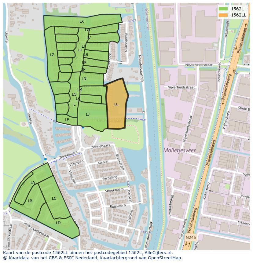 Afbeelding van het postcodegebied 1562 LL op de kaart.