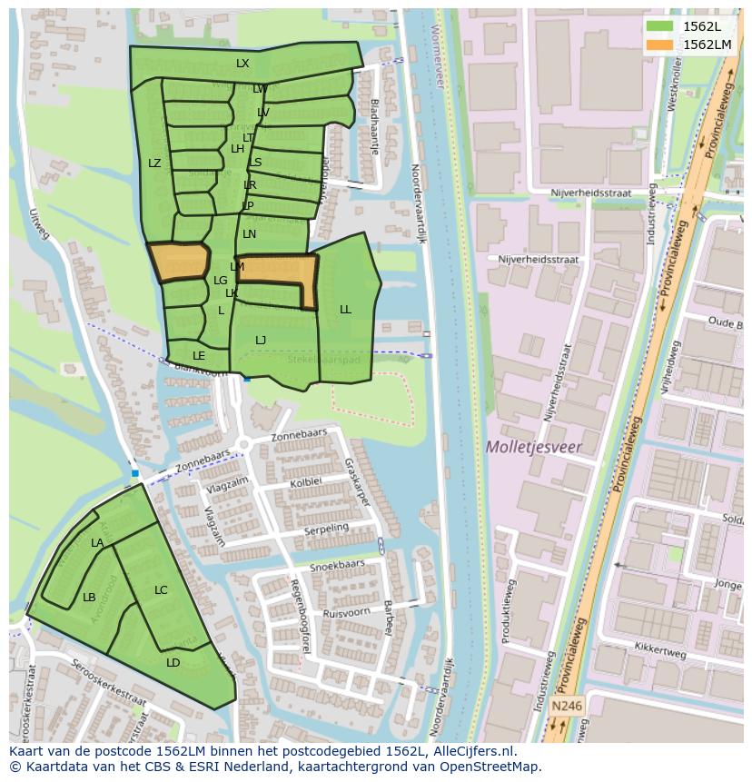 Afbeelding van het postcodegebied 1562 LM op de kaart.