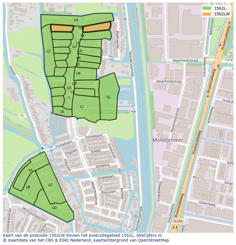 Afbeelding van het postcodegebied 1562 LW op de kaart.