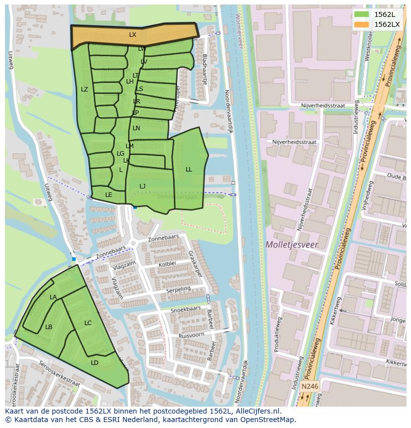 Afbeelding van het postcodegebied 1562 LX op de kaart.
