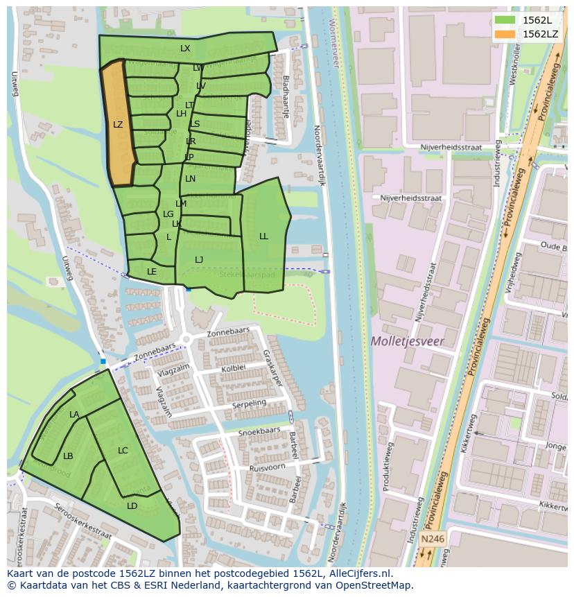 Afbeelding van het postcodegebied 1562 LZ op de kaart.