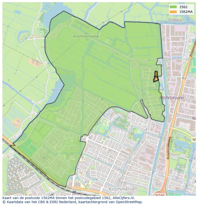 Afbeelding van het postcodegebied 1562 MA op de kaart.