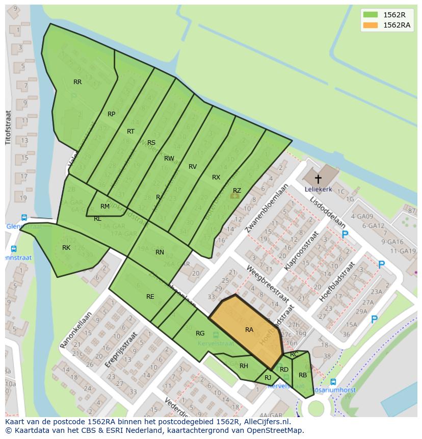 Afbeelding van het postcodegebied 1562 RA op de kaart.