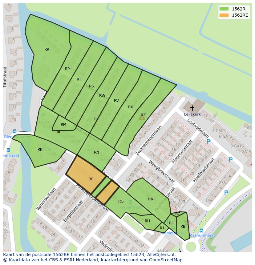 Afbeelding van het postcodegebied 1562 RE op de kaart.
