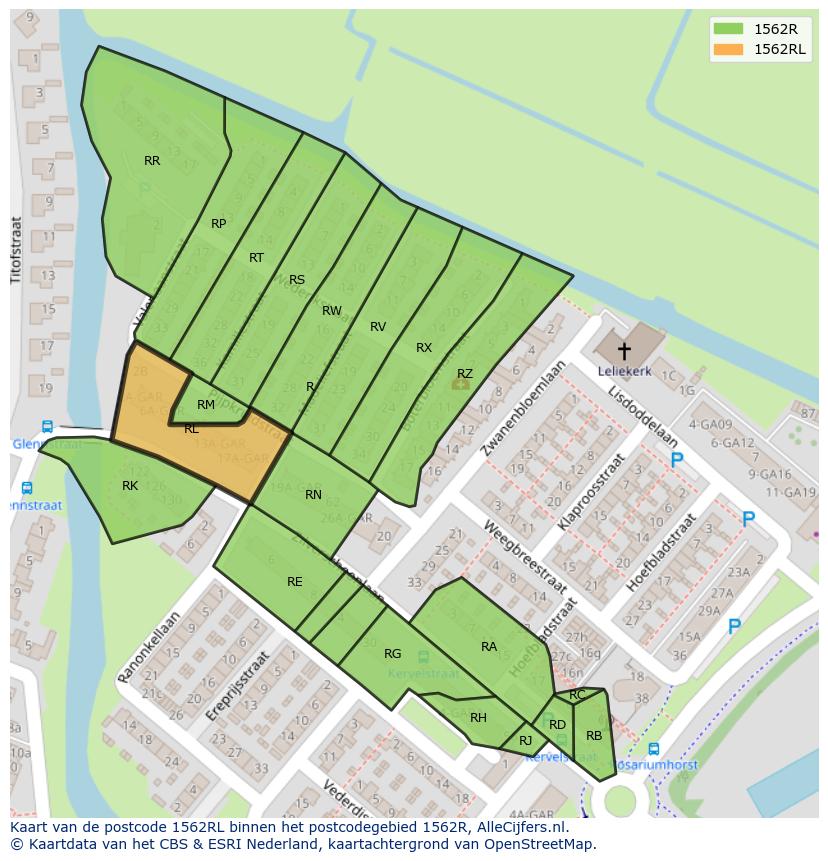 Afbeelding van het postcodegebied 1562 RL op de kaart.