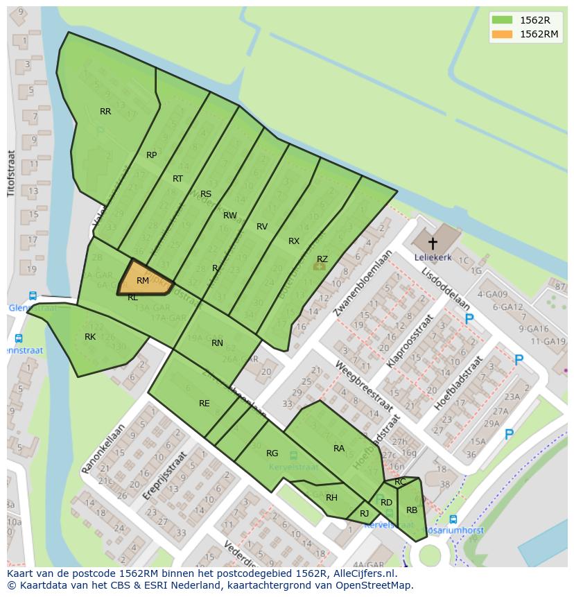 Afbeelding van het postcodegebied 1562 RM op de kaart.