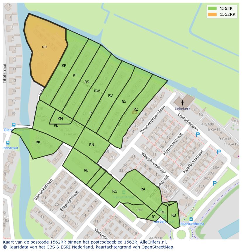 Afbeelding van het postcodegebied 1562 RR op de kaart.