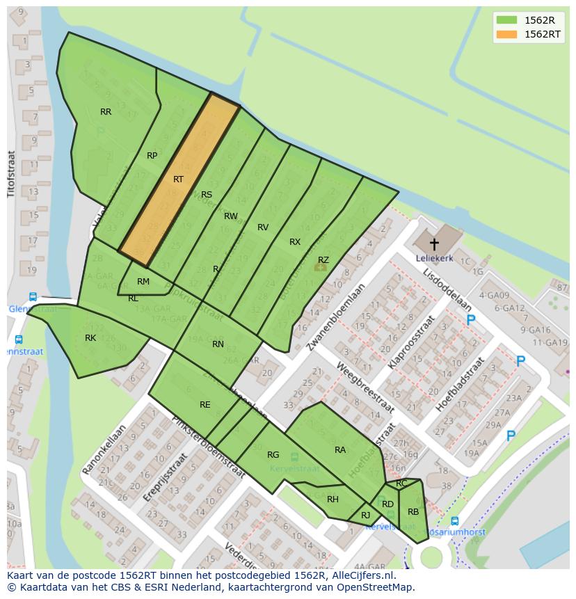 Afbeelding van het postcodegebied 1562 RT op de kaart.