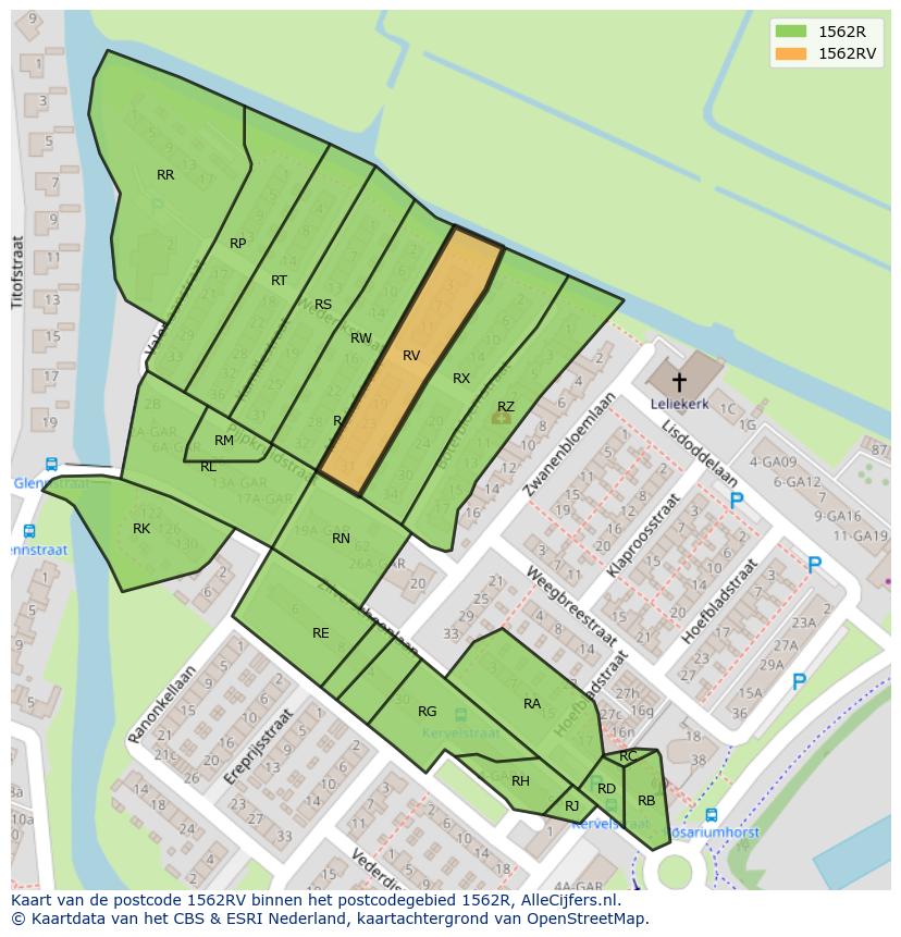 Afbeelding van het postcodegebied 1562 RV op de kaart.