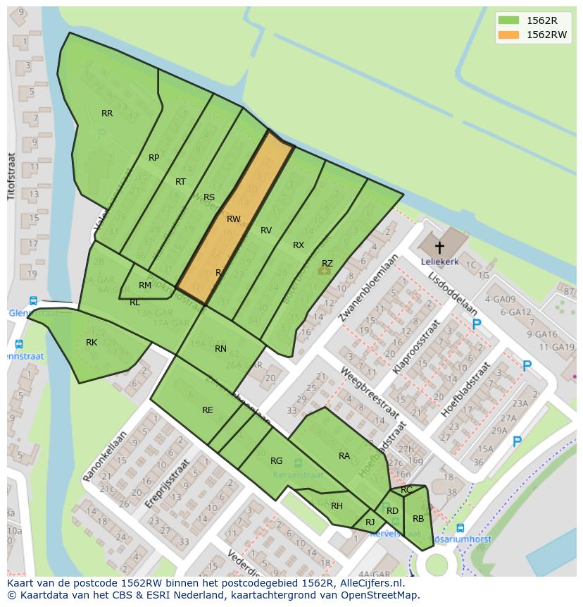 Afbeelding van het postcodegebied 1562 RW op de kaart.
