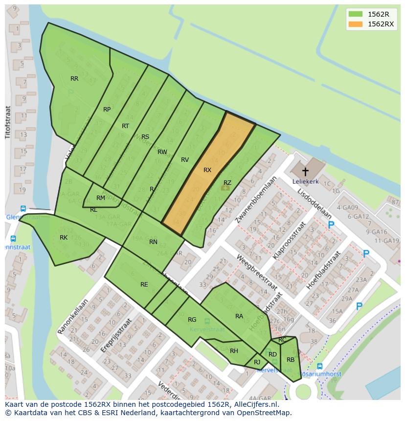 Afbeelding van het postcodegebied 1562 RX op de kaart.