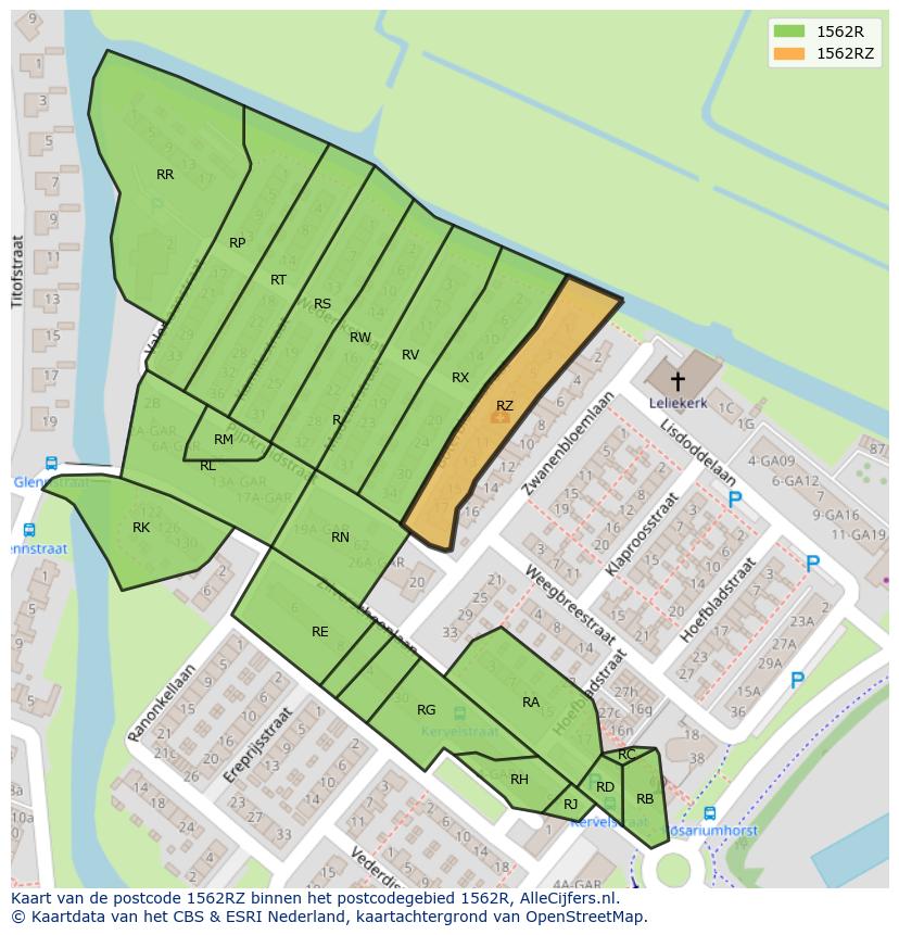 Afbeelding van het postcodegebied 1562 RZ op de kaart.