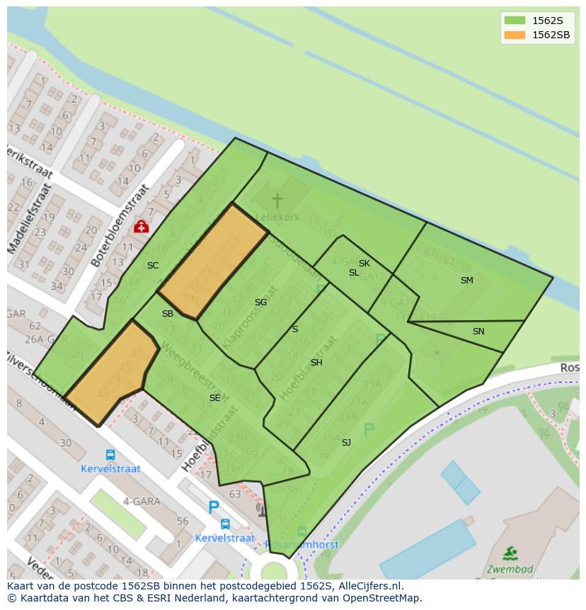 Afbeelding van het postcodegebied 1562 SB op de kaart.
