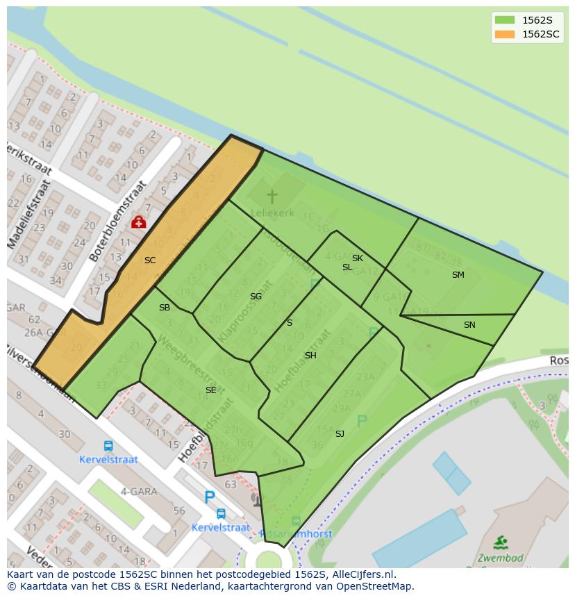 Afbeelding van het postcodegebied 1562 SC op de kaart.