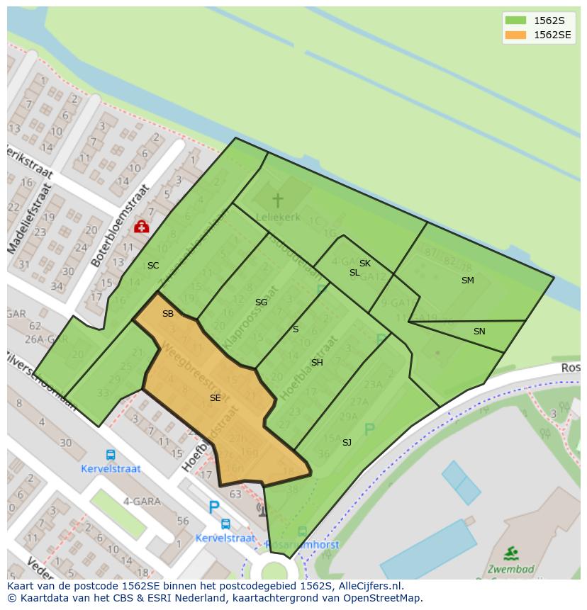 Afbeelding van het postcodegebied 1562 SE op de kaart.