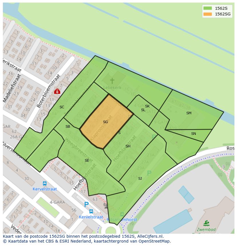 Afbeelding van het postcodegebied 1562 SG op de kaart.