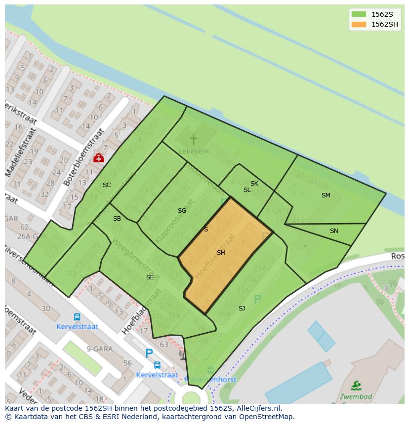 Afbeelding van het postcodegebied 1562 SH op de kaart.