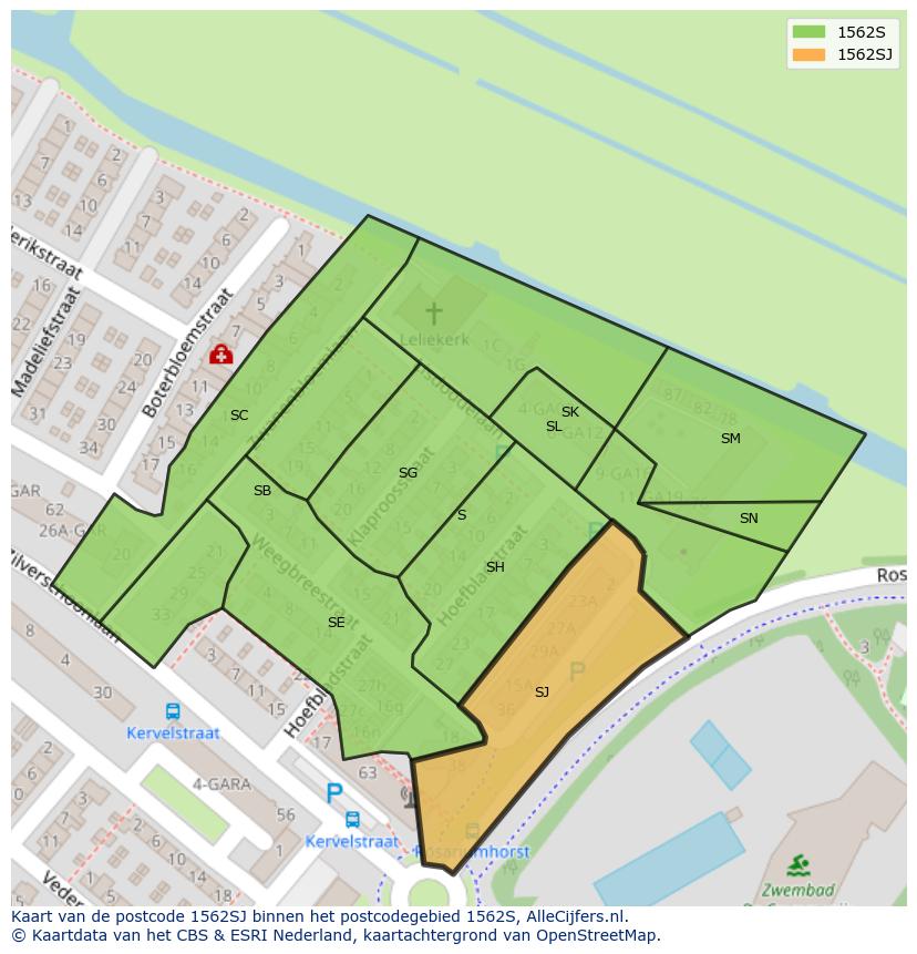 Afbeelding van het postcodegebied 1562 SJ op de kaart.
