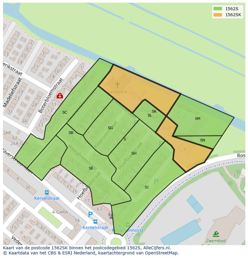Afbeelding van het postcodegebied 1562 SK op de kaart.