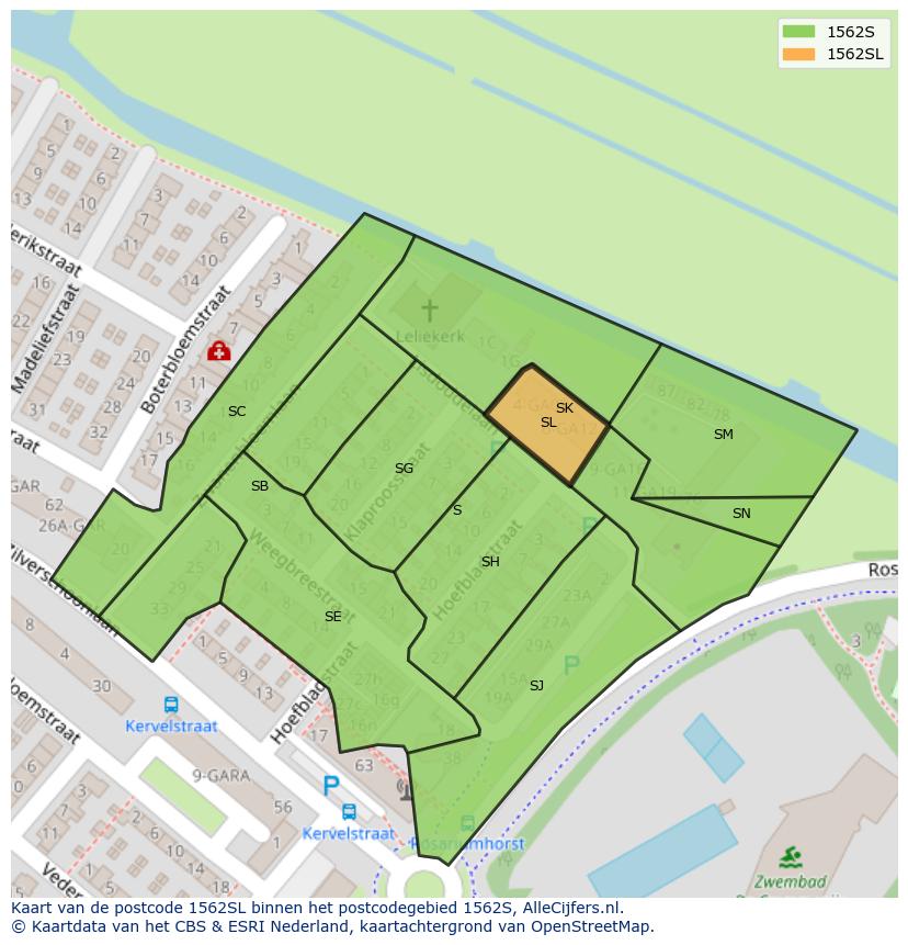 Afbeelding van het postcodegebied 1562 SL op de kaart.
