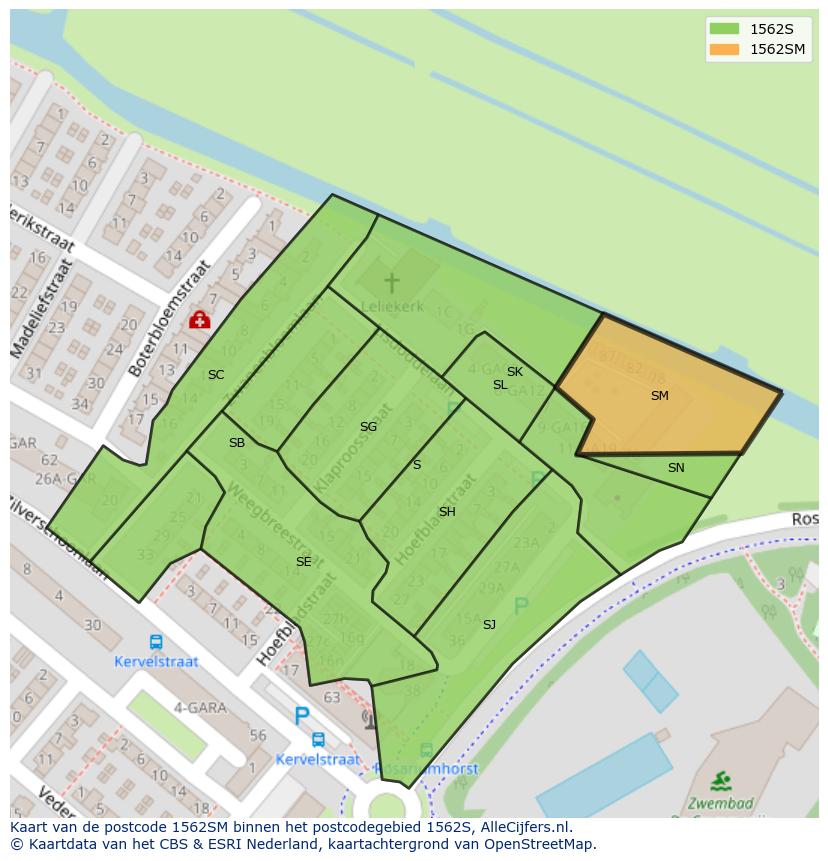 Afbeelding van het postcodegebied 1562 SM op de kaart.