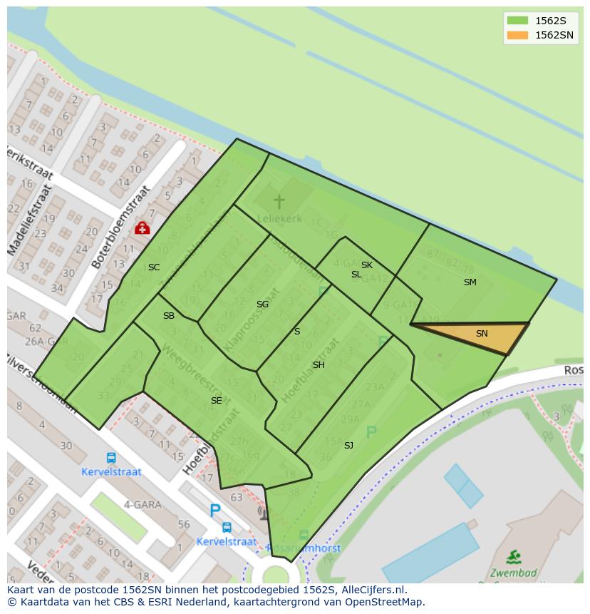 Afbeelding van het postcodegebied 1562 SN op de kaart.