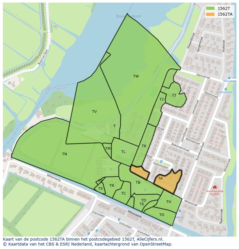 Afbeelding van het postcodegebied 1562 TA op de kaart.