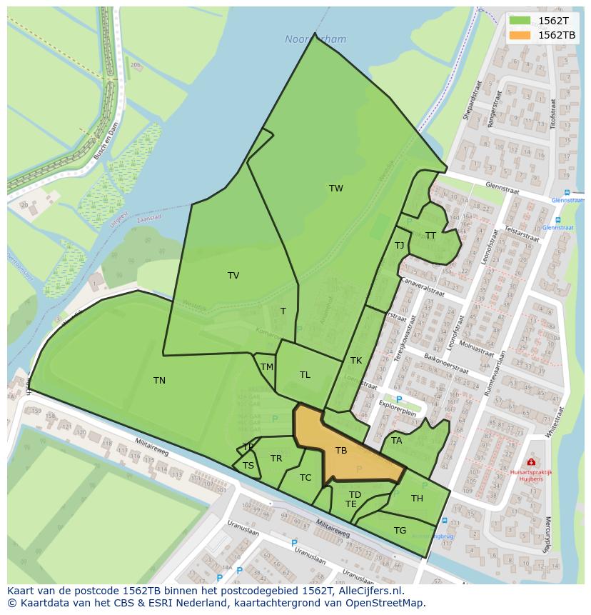 Afbeelding van het postcodegebied 1562 TB op de kaart.