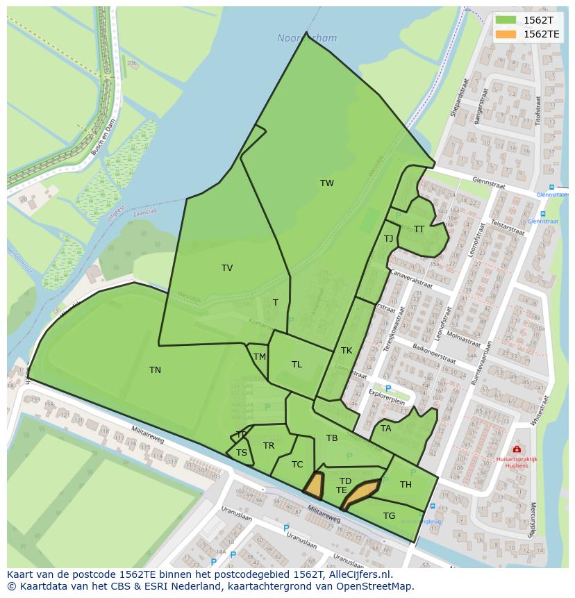 Afbeelding van het postcodegebied 1562 TE op de kaart.