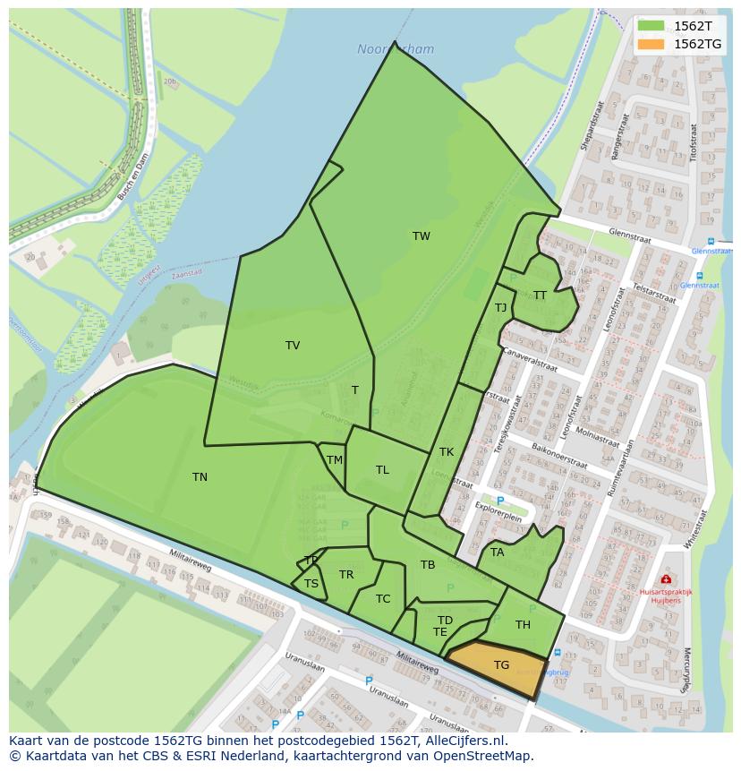 Afbeelding van het postcodegebied 1562 TG op de kaart.