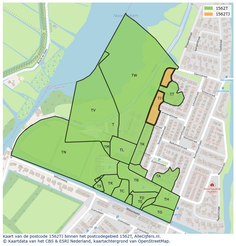 Afbeelding van het postcodegebied 1562 TJ op de kaart.