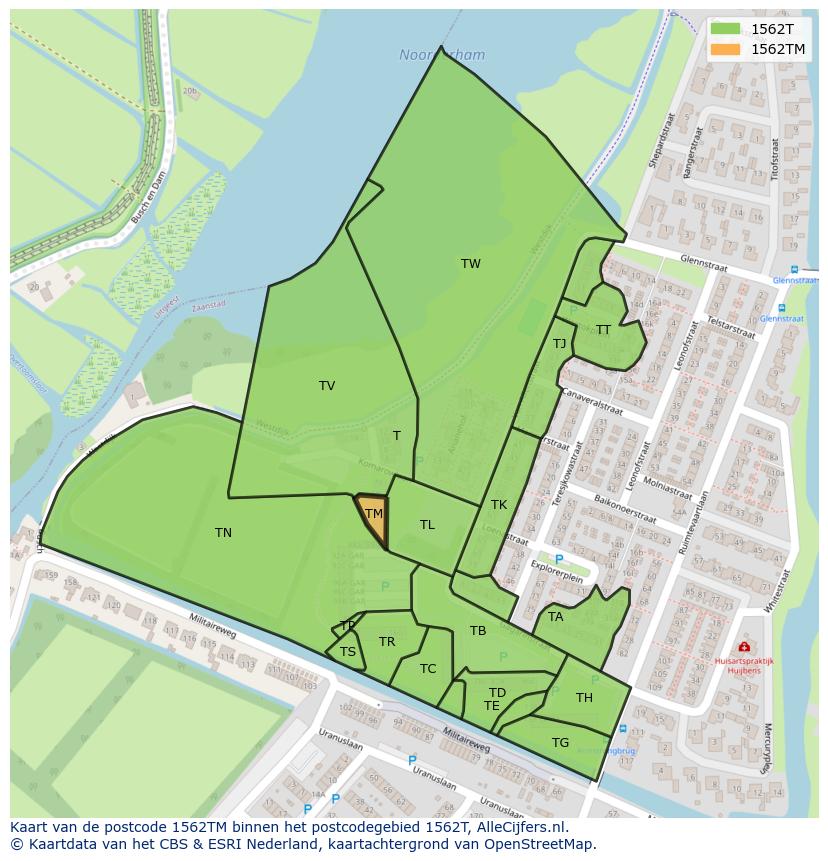 Afbeelding van het postcodegebied 1562 TM op de kaart.