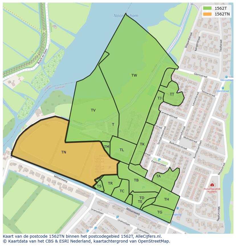 Afbeelding van het postcodegebied 1562 TN op de kaart.