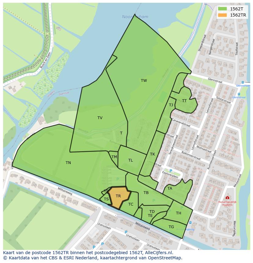 Afbeelding van het postcodegebied 1562 TR op de kaart.