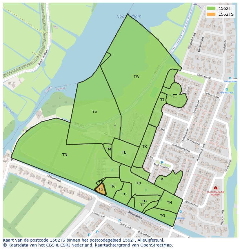 Afbeelding van het postcodegebied 1562 TS op de kaart.