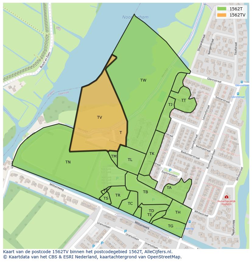Afbeelding van het postcodegebied 1562 TV op de kaart.
