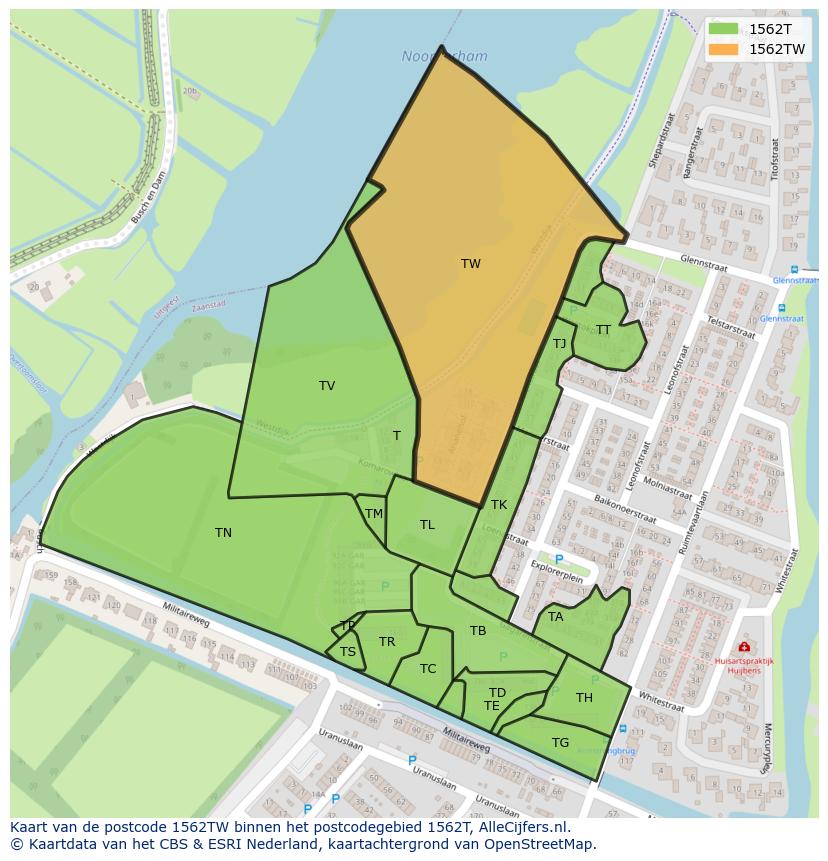 Afbeelding van het postcodegebied 1562 TW op de kaart.