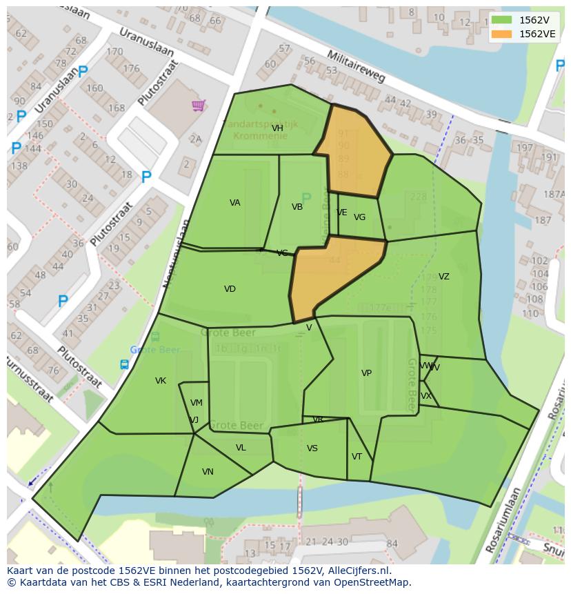 Afbeelding van het postcodegebied 1562 VE op de kaart.