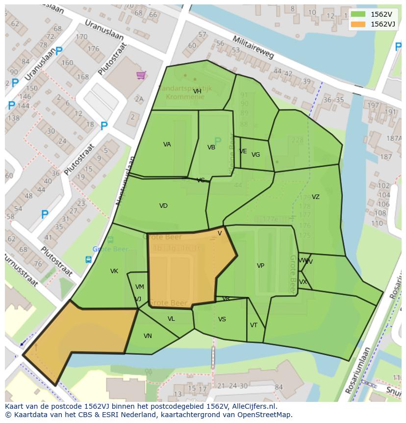 Afbeelding van het postcodegebied 1562 VJ op de kaart.